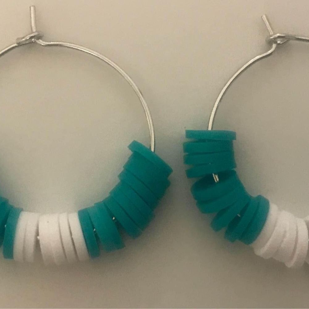 Silver Hoop Bead Earrings Teal Turquoise Blue White
